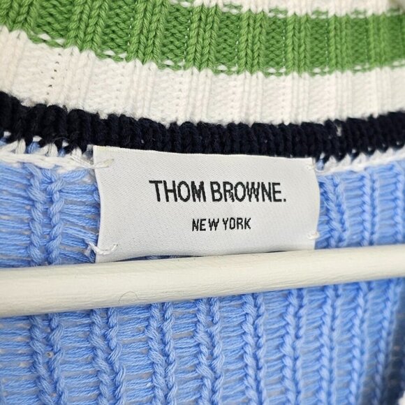 Thom Browne Womens V-Neck Whale Knit Cotton Sweater, Striped, Size 36 - Picture 3 of 11